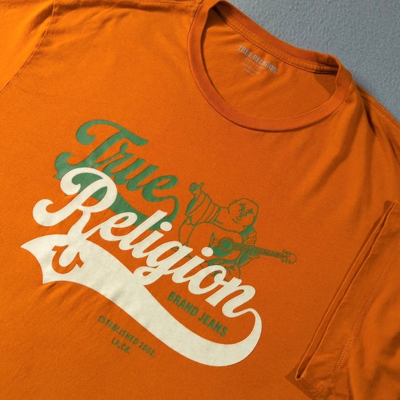 True Religion Other - True Religion Mens Orange Graphic T Shirt Buddha Guitar Size 2XL Relaxed Fit